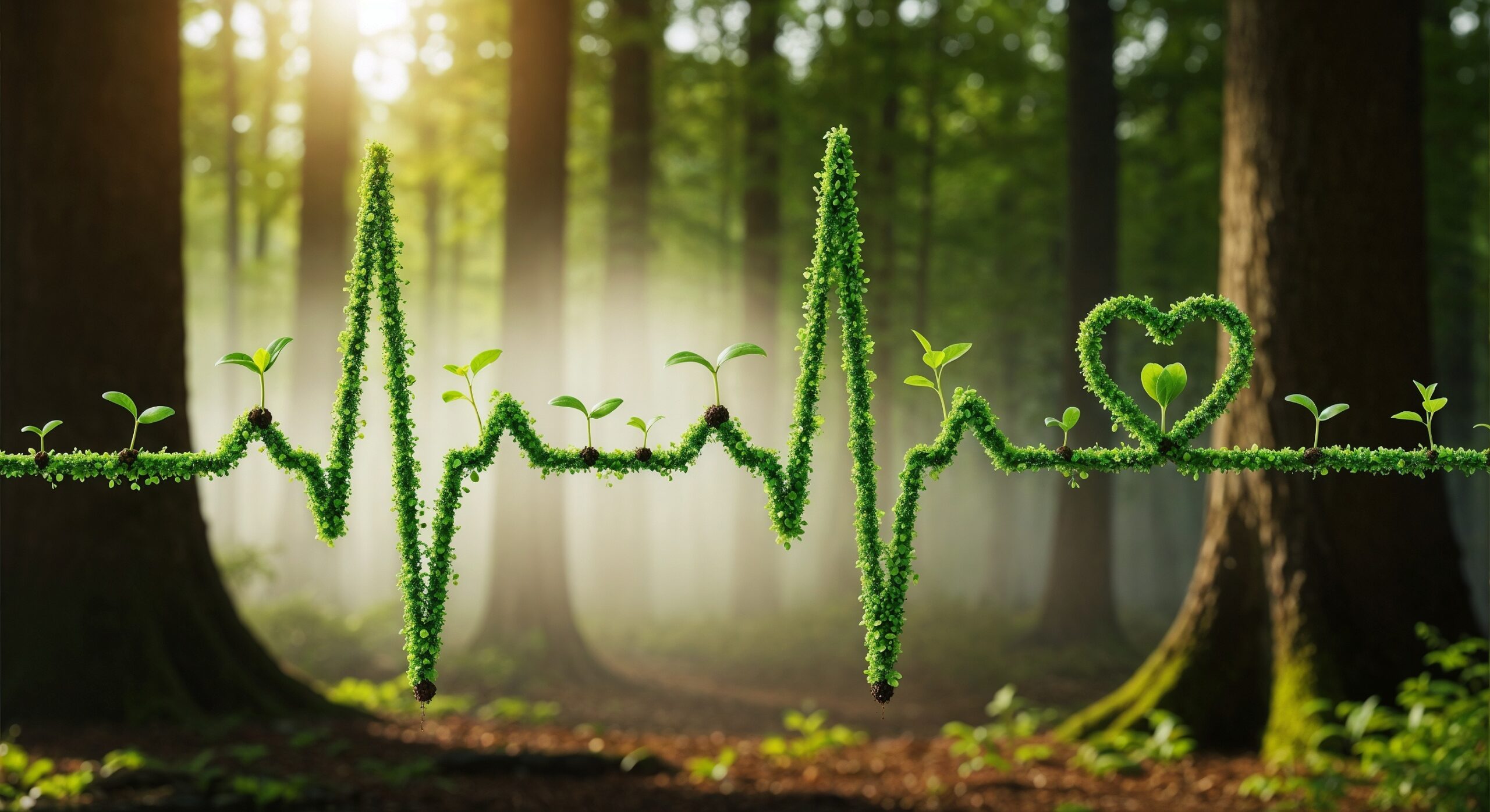 Grüne Pflanzen formen eine Herzschlaglinie mit Herzsymbol in einem Wald.