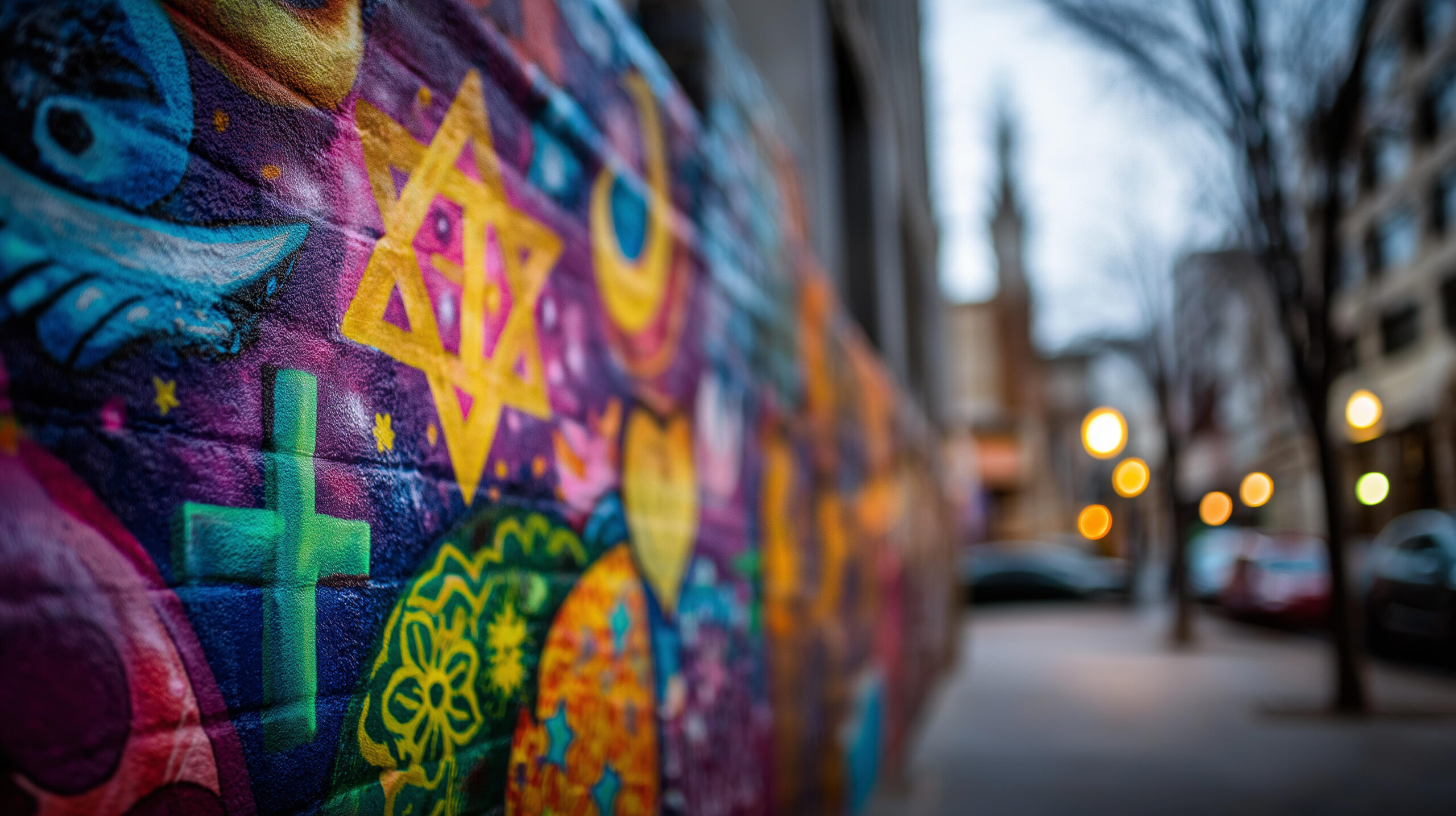 Bunte Graffiti-Wand mit religiösen Symbolen wie Kreuz, Davidstern und Halbmond in einer Stadtstraße.