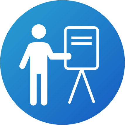 Icon „Beruf & Ehrenamt“ (blau) Piktogramm einer Person, die auf eine Tafel oder ein Präsentationsboard zeigt.