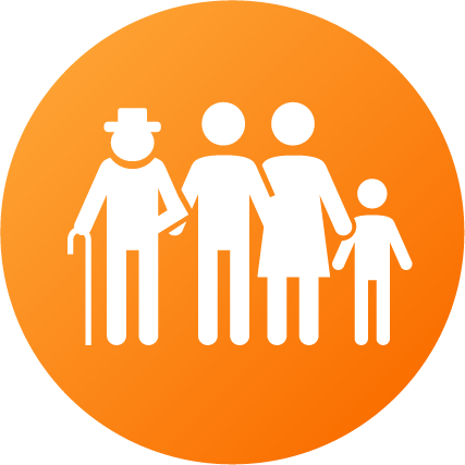 Icon „Familie & Generationen“ (orange) Piktogramm einer Gruppe aus vier Personen unterschiedlichen Alters, eng nebeneinander stehend.