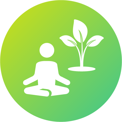 Icon „Gesundheit & Nachhaltigkeit“ (grün) Piktogramm einer sitzenden Person in Meditationshaltung neben einer Pflanze.