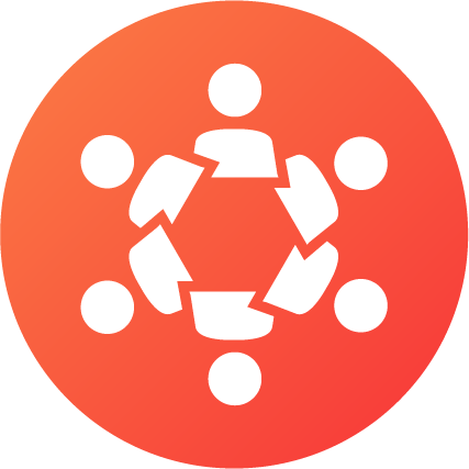 Icon „Inklusion & Teilnahme“ (rot‑orange) Piktogramm von sechs Personen, die im Kreis sitzen oder stehen und durch Pfeile verbunden sind.