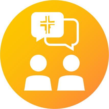 Icon „Religion & Gesellschaft“ (gelb) Piktogramm von zwei Personen mit Sprechblasen über ihnen, in einer der Sprechblasen befindet sich ein Kreuzsymbol.