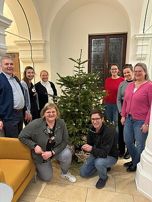 Team kefb RegionPlus, 8 Kollegen und Kolleginen rund um einen Tannenbaum