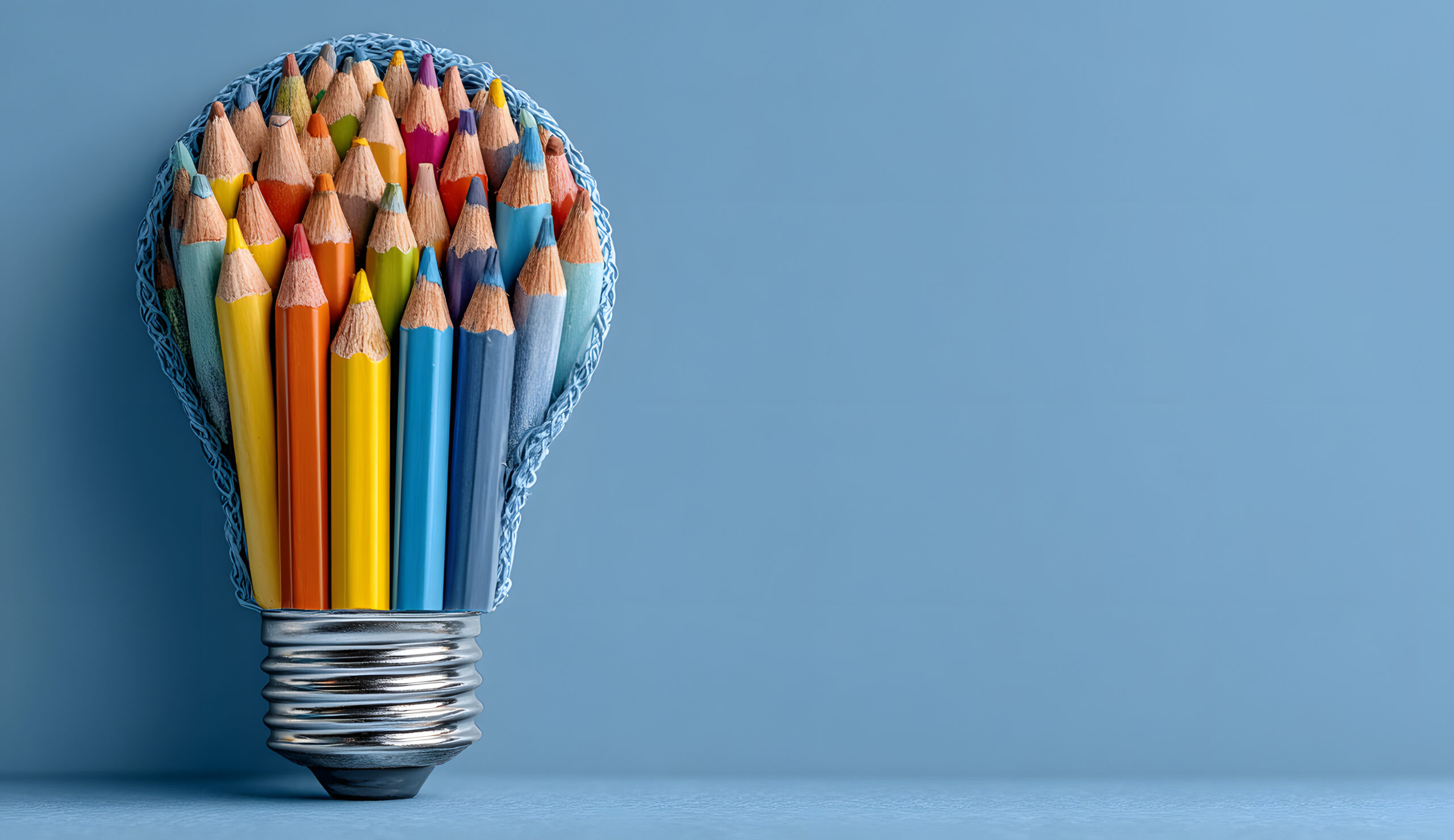 Glühbirne, deren Leuchtkörper aus vielen bunten Buntstiften besteht – als Symbol für Kreativität, Bildung, Vielfalt und neue Ideen.