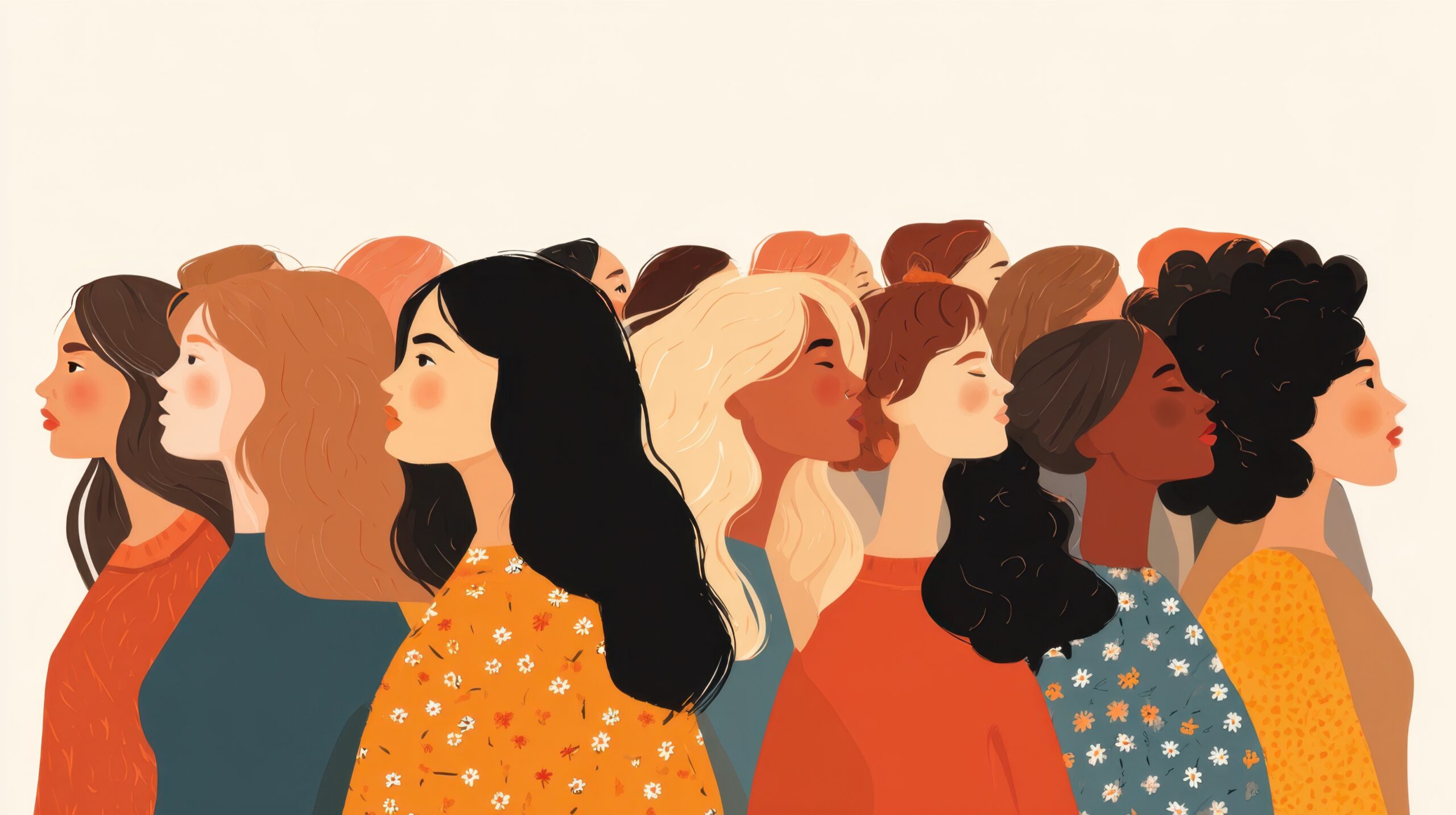 Eine Gruppe von verschiedenen Frauen in verschieden Farben gezeichnet.